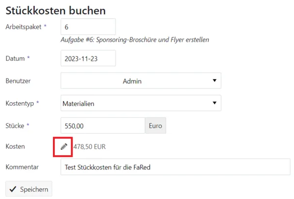 Kosten manuell ändern Kosten manuell ändern