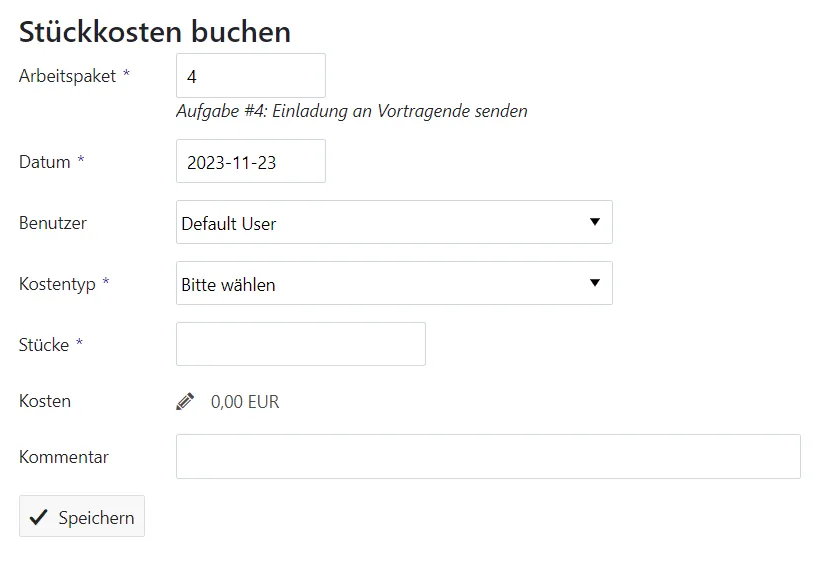 Formular Stückkosten buchen Formular Stückkosten buchen