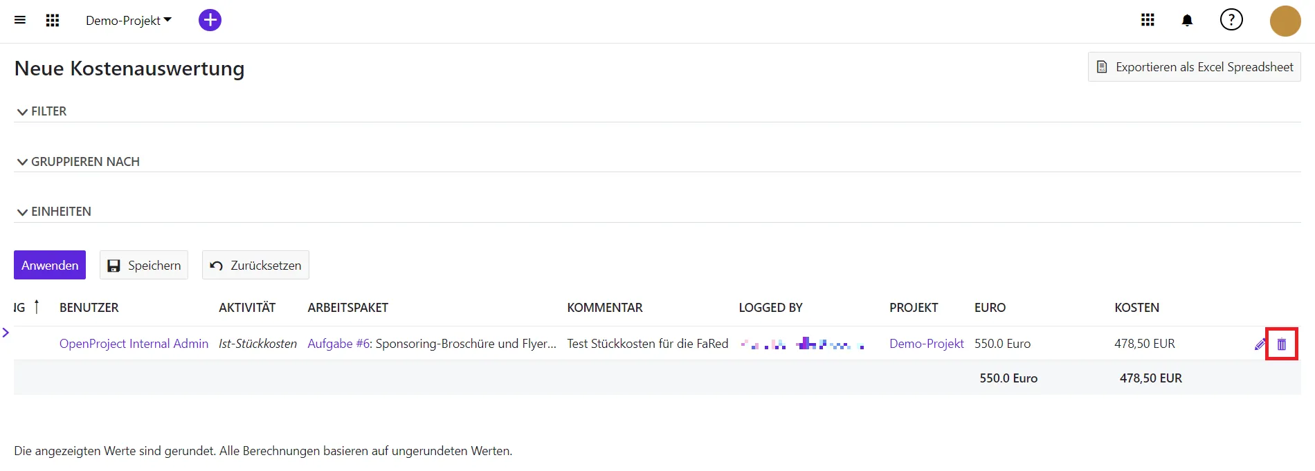 Kostenbericht löschen Kostenbericht löschen