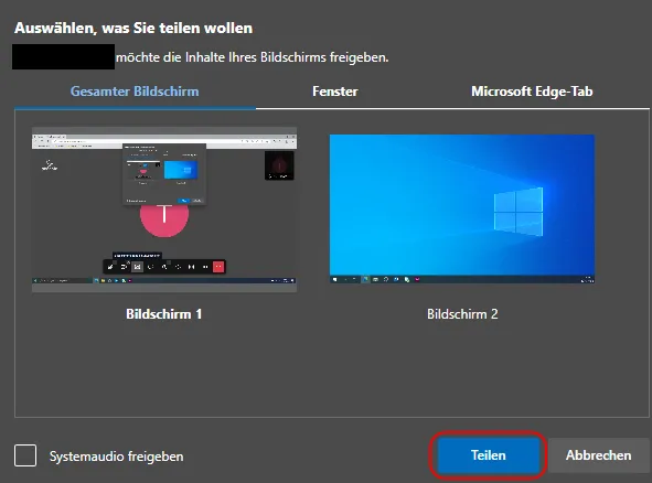 Fenster: Auswählen was Sie teilen wollen Fenster: Auswählen was Sie teilen wollen