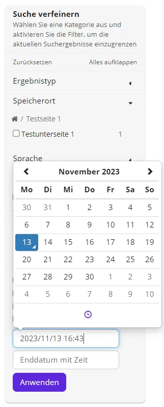 Suche verfeinern Der Bereich "Suche verfeinern" samt Kalenderansicht für einen frei angebbaren Zeitraum