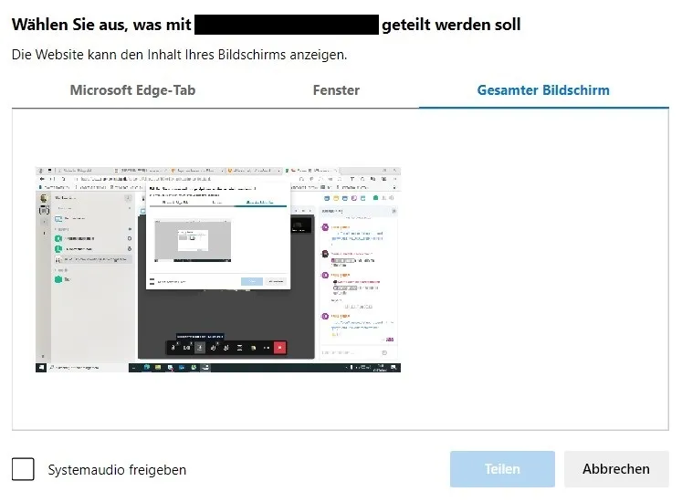 Fenster: Auswählen, was Sie teilen wollen Fenster: Auswählen, was Sie teilen wollen