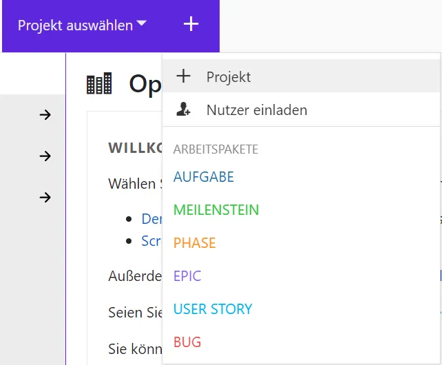 Arbeitspaket via Headermenü erstellen Arbeitspaket via Headermenü erstellen