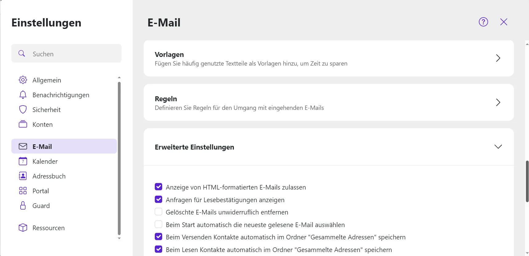Erweiterte E-Mail-Einstellungen Der Reiter "Erweiterte Einstellungen" in den E-Mail-Einstellungen