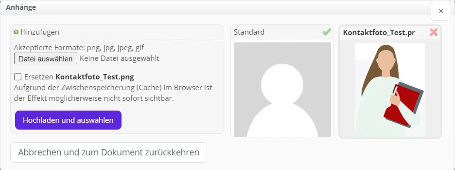 Profilbild ändern Fenster, in dem das Profilbild geändert werden kann