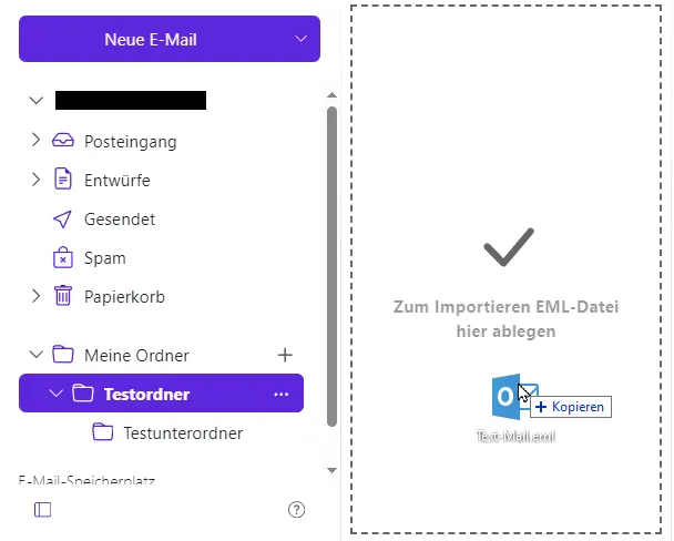 E-Mail importieren Eine E-Mail im eml-Format wird mit gedrückter Maustaste in einen Ordner importiert
