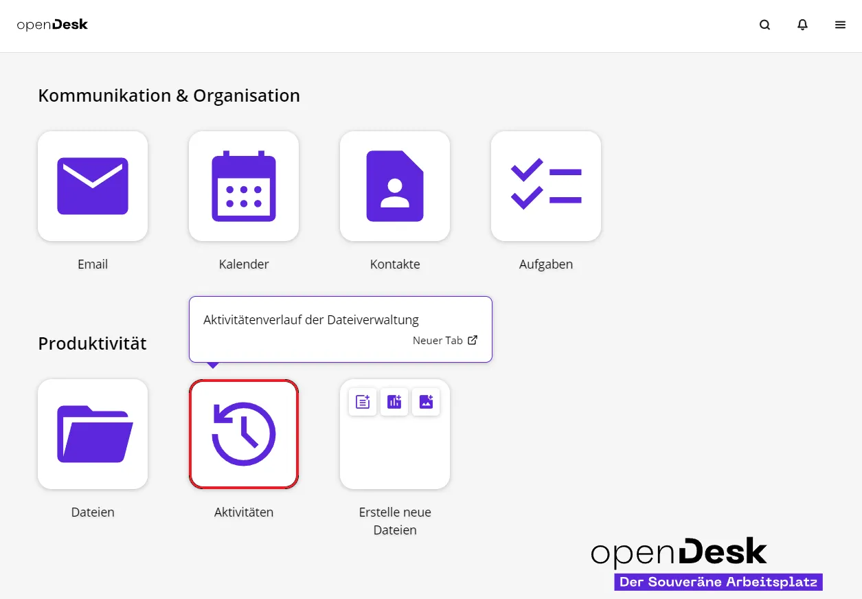 Modul "Aktivitäten" auf der Startseite Modul "Aktivitäten" auf der Startseite