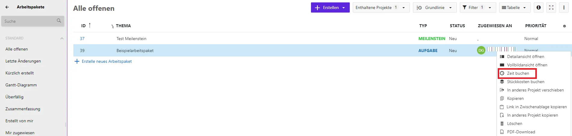 Zeit erfassen Arbeitspaketansicht Zeit erfassen Arbeitspaketansicht