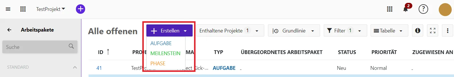 Arbeitspaket erstellen Arbeitspaket erstellen