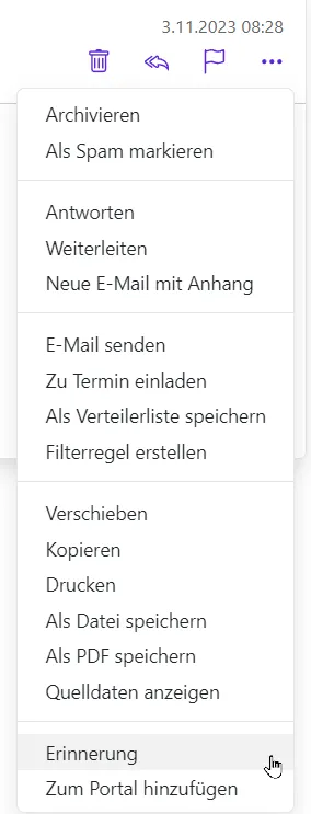 Erinnerung im Dropdown-Menü Der Punkt "Erinnerung" im Dropdown-Menü "Weitere Aktionen"