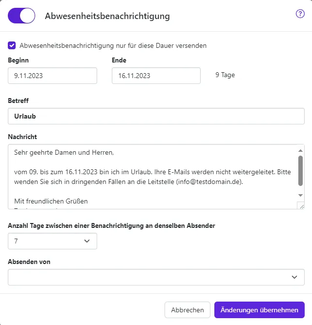 Abwesenheitsoptionen Betreff, Nachricht und erweiterte Optionen für Abwesenheitsbenachrichtigungen
