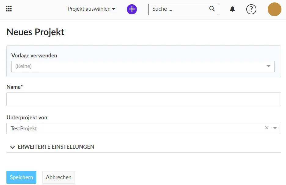 Neues Projekt einstellen Neues Projekt einstellen