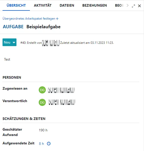Detailansicht gebuchte Zeit Detailansicht gebuchte Zeit