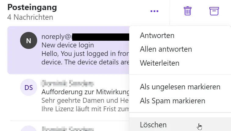 E-Mail löschen über Dropdown-Menü E-Mail löschen über Dropdown-Menü