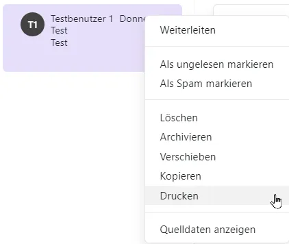 E-Mail drucken (E-Mail-Liste) E-Mail drucken über das Dropdown-Menü in der E-Mail-Liste