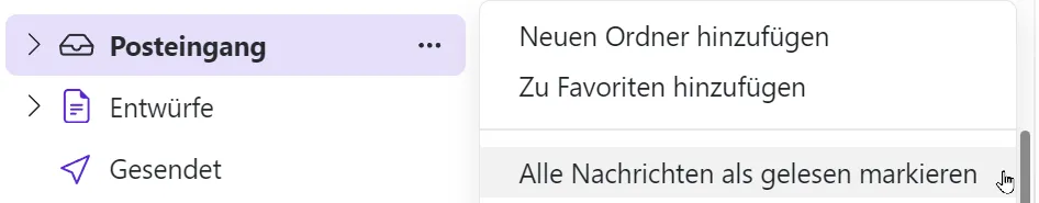 Alle als gelesen markieren (Ordnermenü) Alle E-Mails über das Dropdown-Menü als gelesen markieren (Ordnermenü)