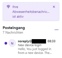 Hinweistext Abwesenheitsbenachrichtigung Der Hinweistext "Ihre Abwesenheitsbenachrichtigung ist aktiv" über der E-Mail-Liste