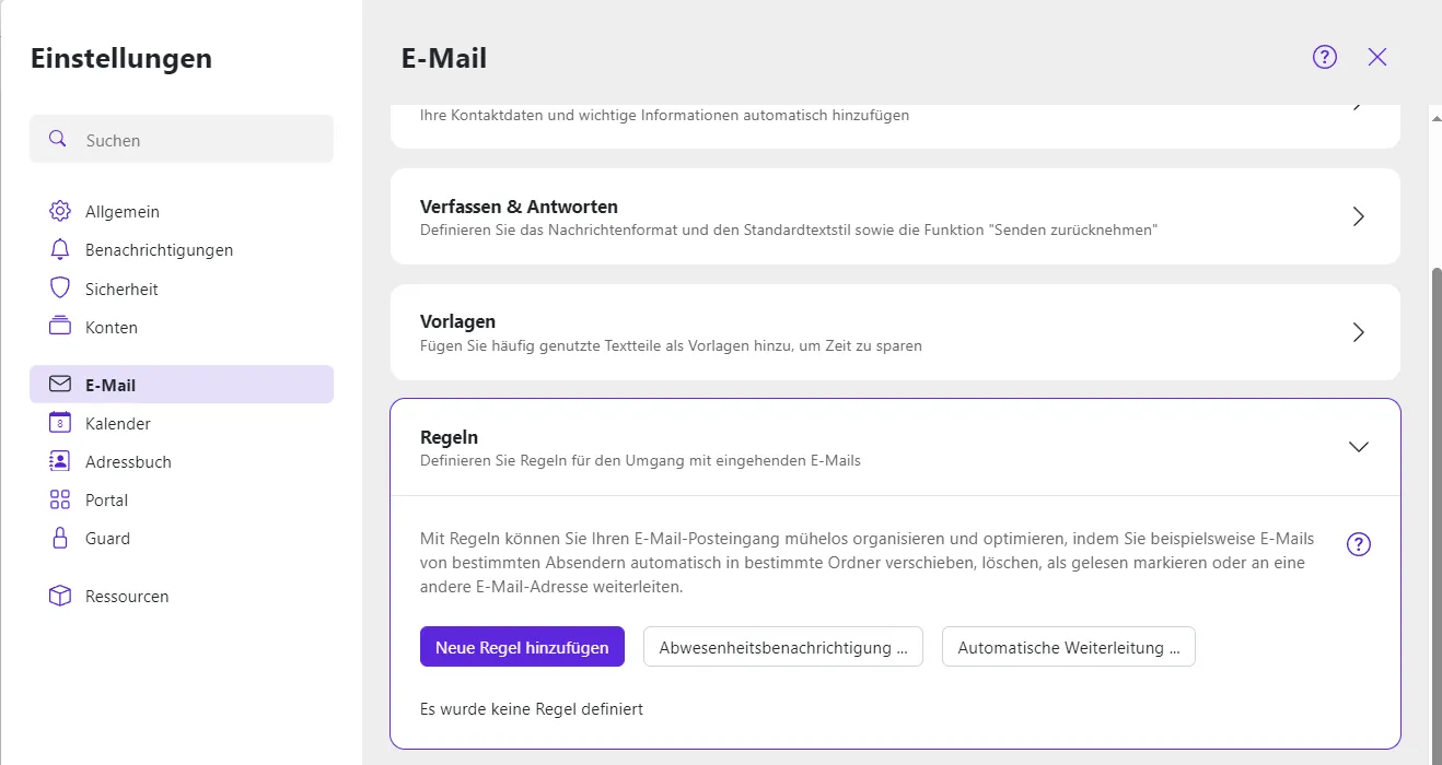 Der Regeln-Reiter Der Reiter "Regeln" in den E-Mail-Einstellungen und die Schaltfläche "Neue Regel hinzufügen"