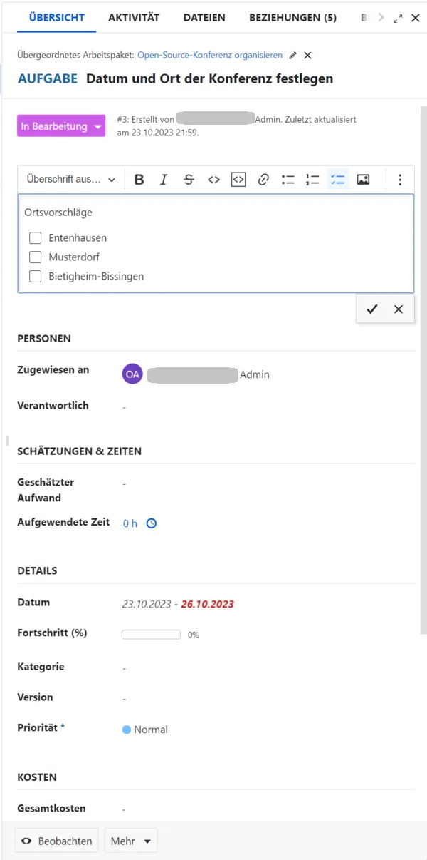 Detailansicht einer Aufgabe Detailansicht einer Aufgabe