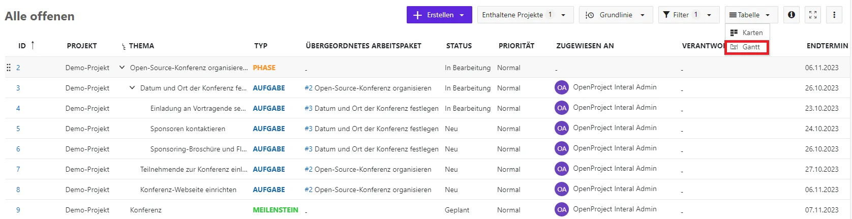 Gantt-Ansicht auswählen Gantt-Ansicht auswählen