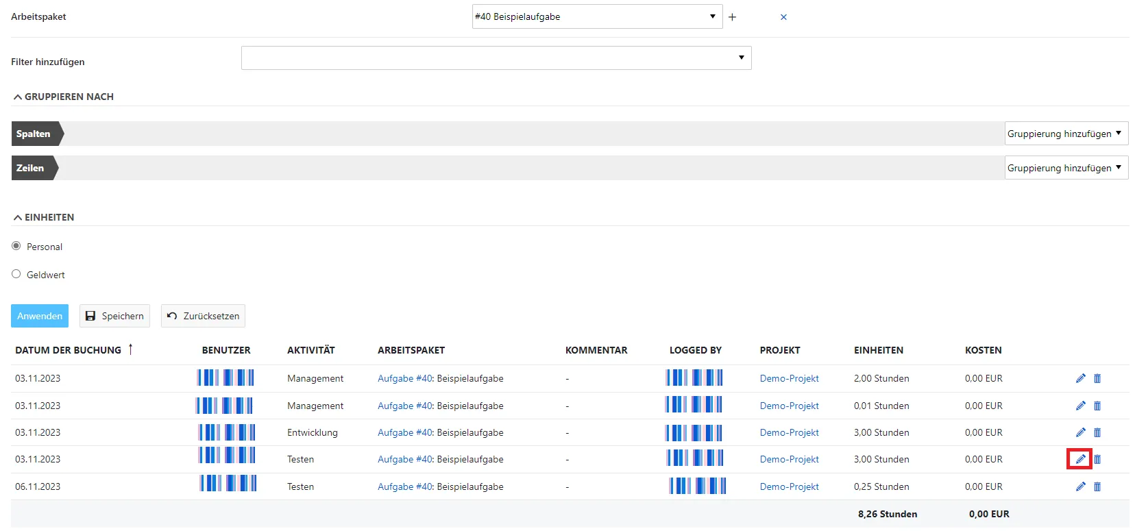 Liste der Zeiteinträge Liste der Zeiteinträge