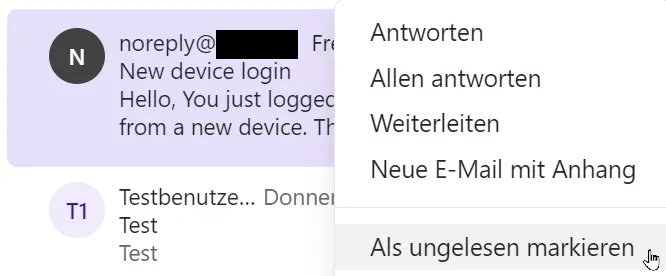 Als ungelesen markieren über das Dropdown-Menü (E-Mail-Liste) Als ungelesen markieren über das Dropdown-Menü (E-Mail-Liste)