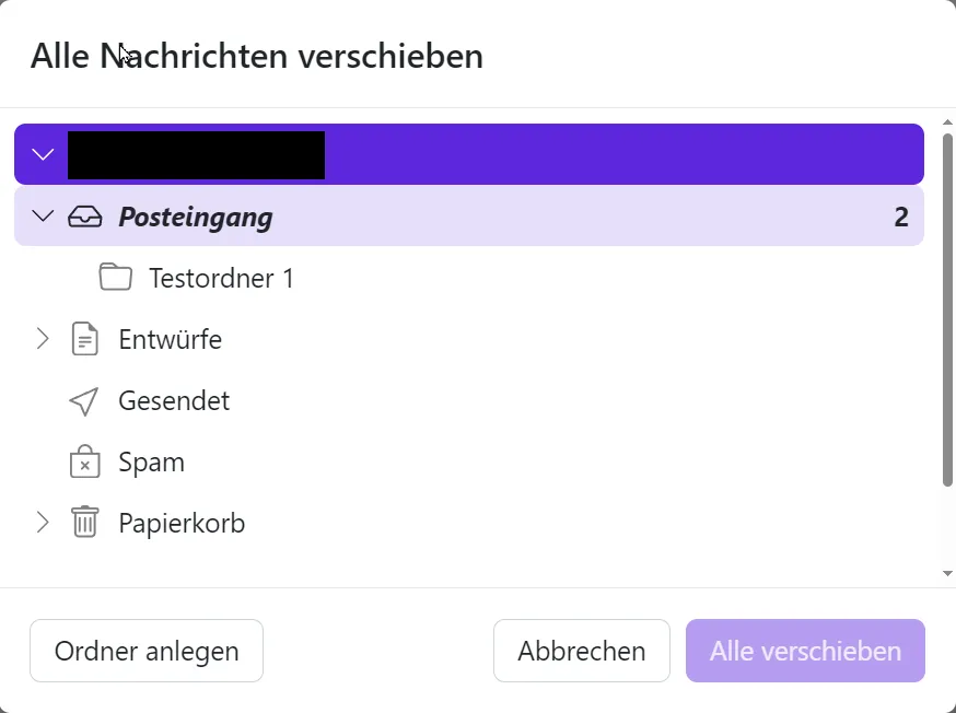 Alle Nachrichten verschieben Dialog zum Verschieben aller Nachrichten eines Ordners