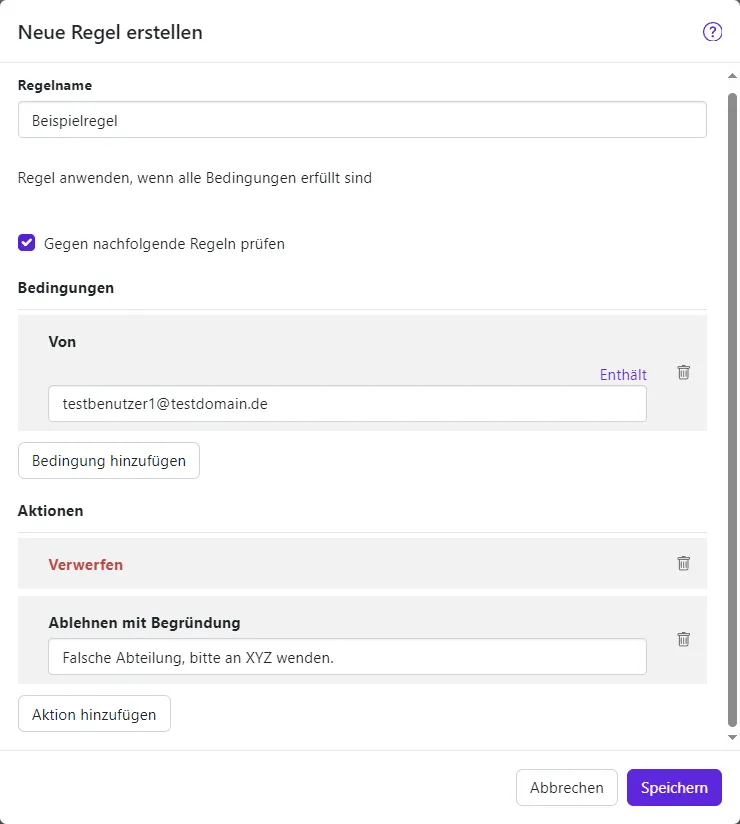 Das Fenster "Neue Regel erstellen" Das Fenster "Neue Regel erstellen"
