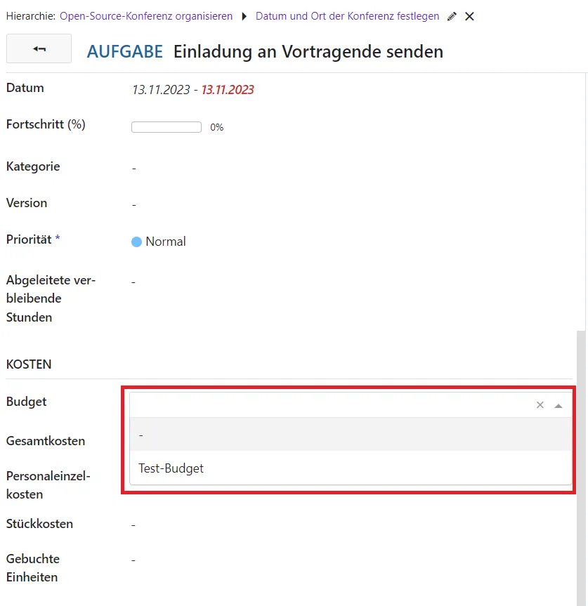 Budget Dropdown-Menü Budget Dropdown-Menü