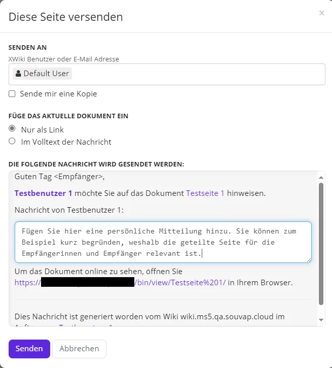 Diese Seite versenden Das Fenster "Diese Seite versenden"