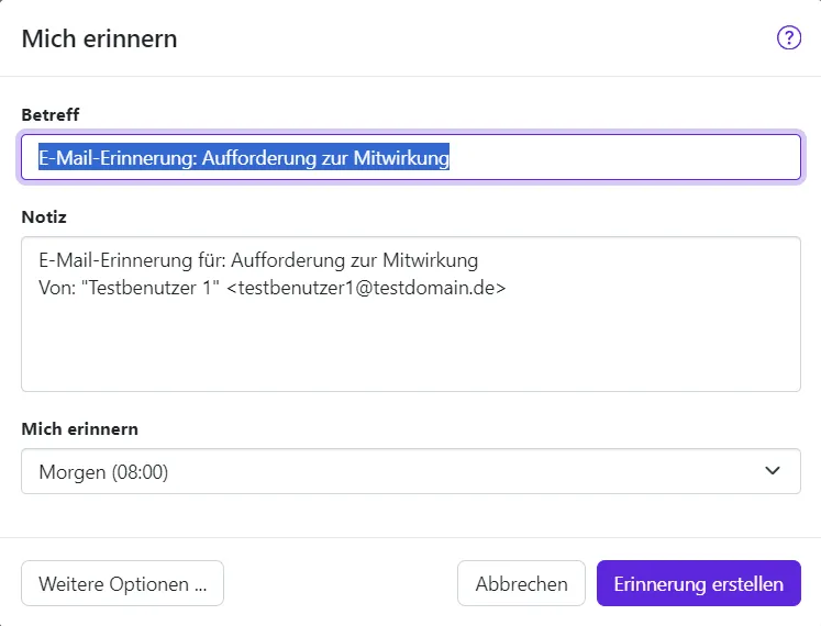 Mich erinnern Das Fenster "Mich erinnern"