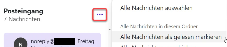 Alle als gelesen markieren (E-Mail-Liste) Alle E-Mails über das Dropdown-Menü als gelesen markieren (E-Mail-Liste)