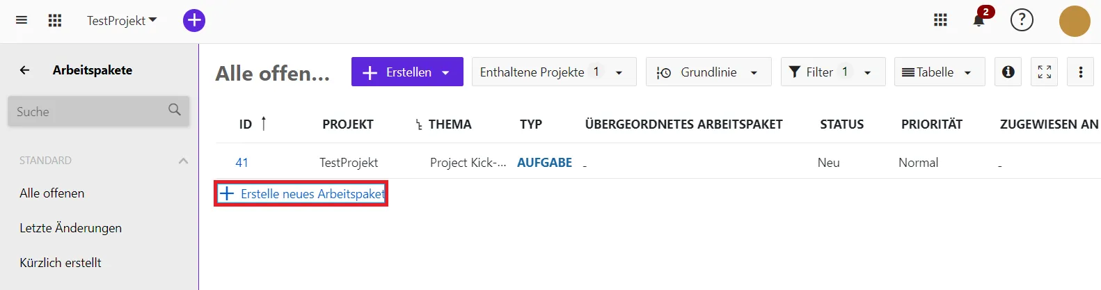 Erstellen neues Arbeitspaket Erstellen neues Arbeitspaket