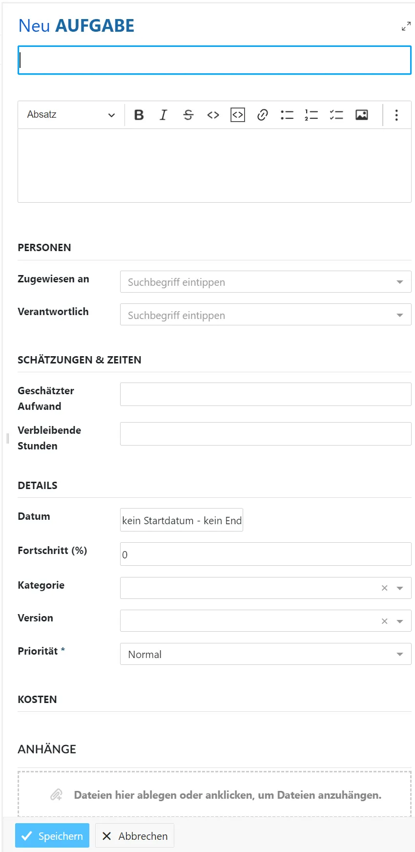 Formular Neue Aufgabe Formular Neue Aufgabe